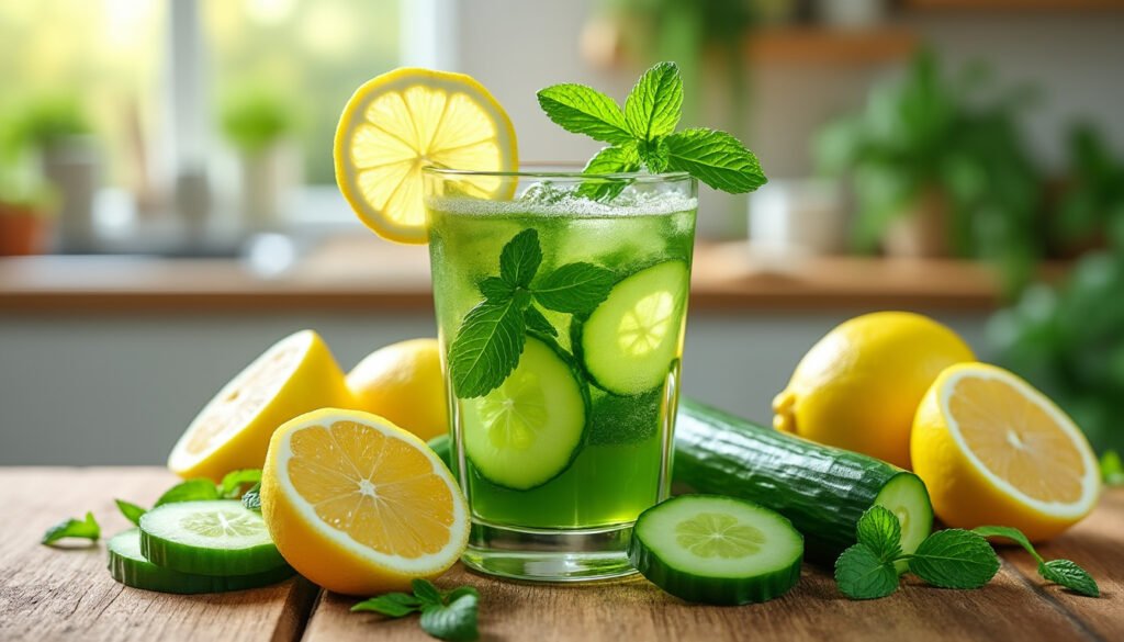 découvrez les incroyables bienfaits du jus concombre-citron-menthe pour votre santé ! cette boisson rafraîchissante allie les vertus détoxifiantes du concombre, le pouvoir vitaminé du citron et les propriétés apaisantes de la menthe. idéale pour hydrater, revitaliser et stimuler votre système immunitaire, ce mélange vous offre une solution naturelle pour rester en pleine forme. ne manquez pas nos conseils pour l'intégrer facilement dans votre quotidien !