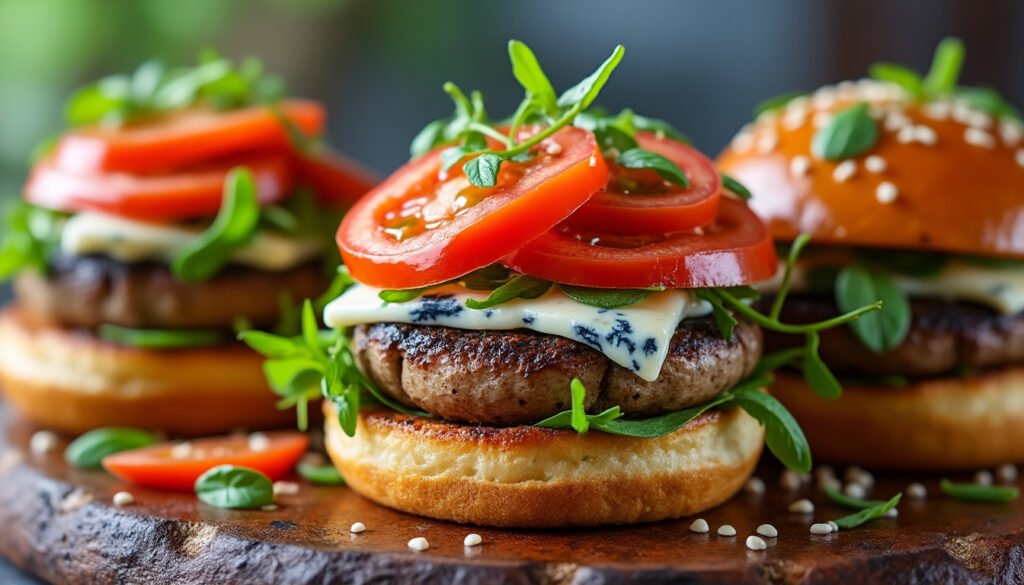 découvrez nos délicieux mini-burgers de champignons garnis de fromage bleu crémeux. une bouchée savoureuse qui allie la richesse des champignons à la force du fromage, parfaite pour apéritifs ou repas gourmands.
