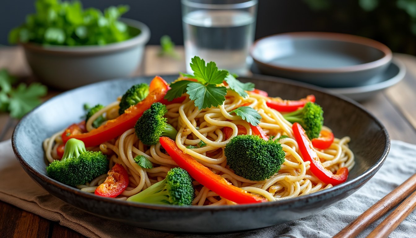 découvrez notre délicieuse recette de nouilles sautées aux légumes, savamment enrobées de sauce soja. un plat savoureux et rapide à préparer, idéal pour un repas équilibré et plein de couleurs. régalez vos papilles avec cette combinaison parfaite de textures et de saveurs!