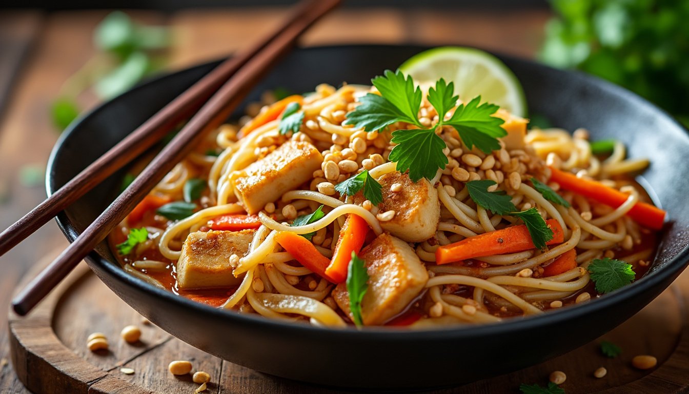 découvrez une délicieuse recette de pad thaï végétarien, savamment préparé avec du tofu tendre et des cacahuètes croquantes. un plat savoureux qui ravira les amateurs de cuisine asiatique tout en étant 100% végétal.