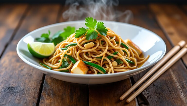 savourez notre délicieux pad thaï végétarien, alliant tofu délicatement sauté et cacahuètes croquantes, pour une expérience culinaire exotique et saine. parfait pour les amateurs de cuisine végétale!