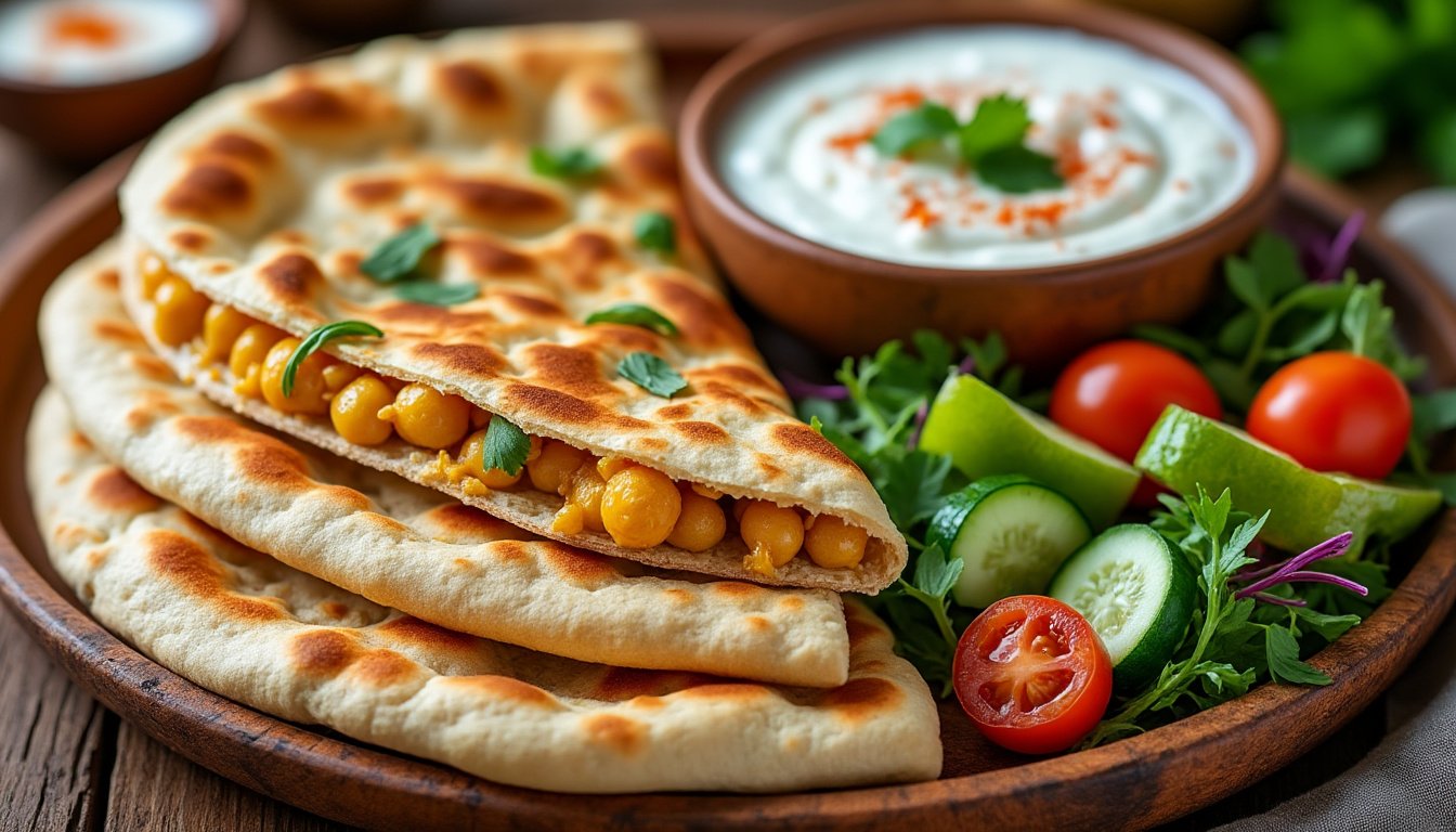 découvrez notre délicieuse recette de pain pita rempli de pois chiches épicés, accompagné d'un savoureux yaourt à la menthe. un mariage parfait de saveurs qui ravira vos papilles, idéal pour un repas léger ou un snack savoureux!