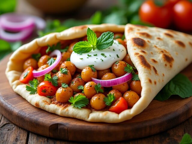 Pain pita aux pois chiches épicés et yaourt à la menthe
