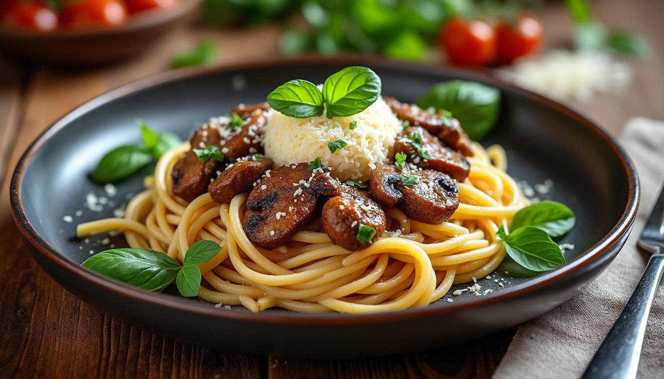découvrez notre délicieuse recette de pâtes aux champignons accompagnées d'une onctueuse crème de cajou. un plat savoureux, crémeux et réconfortant, idéal pour les amateurs de cuisine végétale. préparez-vous à ravir vos papilles avec cette combinaison parfaite de saveurs et de textures.