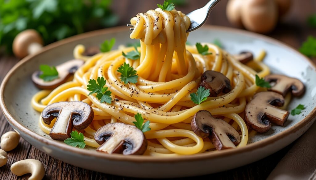 découvrez une délicieuse recette de pâtes aux champignons, agrémentées d'une onctueuse crème de cajou. parfaite pour un repas réconfortant et savoureux, cette préparation allie le goût terreux des champignons à la richesse crémeuse des noix de cajou. idéale pour les végétariens et les amateurs de cuisine saine!