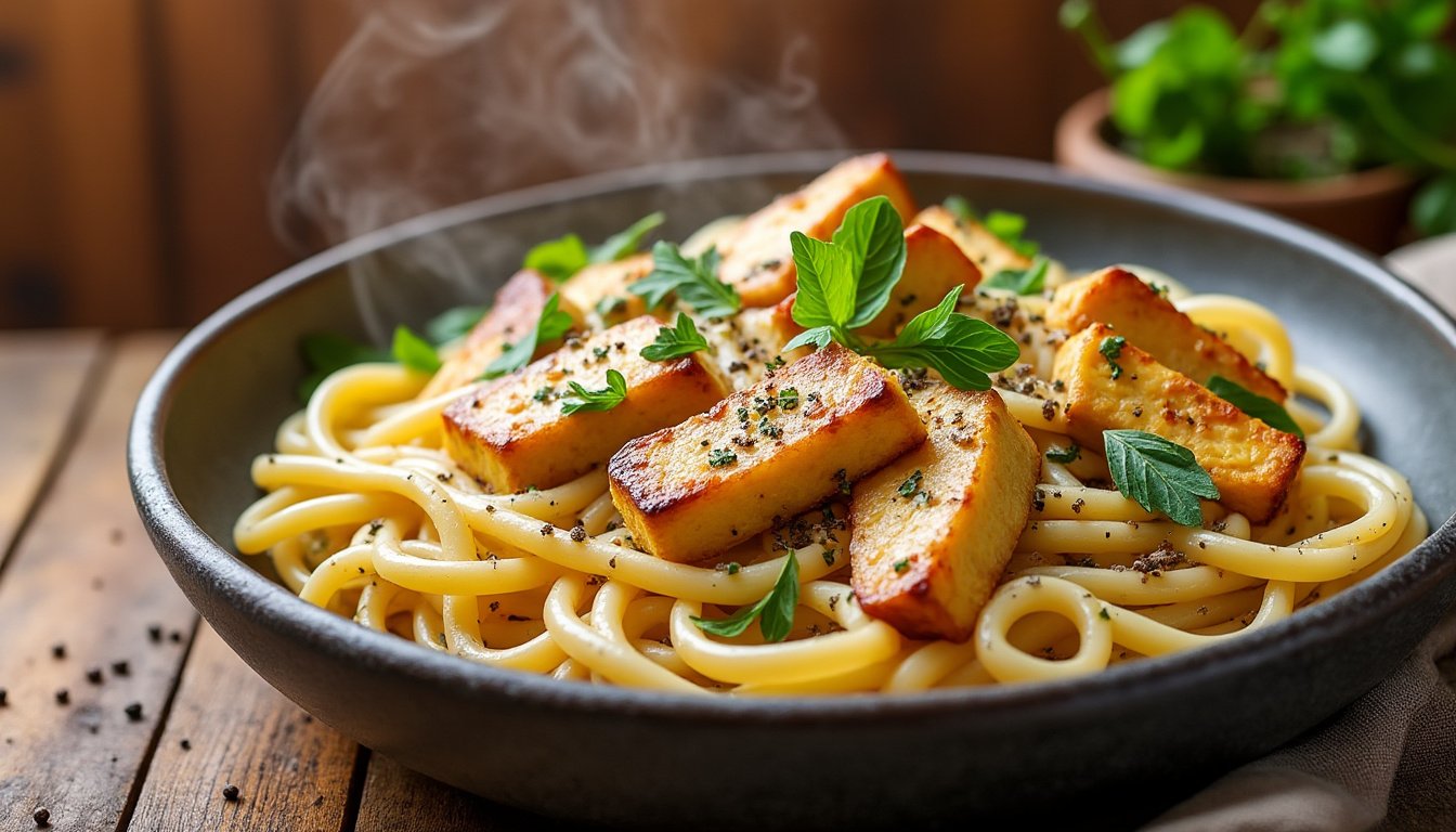 savourez une délicieuse recette de pâtes carbonara végétariennes, préparées avec une onctueuse sauce à la crème et du tofu fumé, idéale pour ravir vos papilles tout en respectant un régime sans viande. une alternative gourmande et créative à la recette classique.