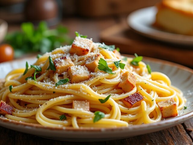 Pâtes carbonara végétariennes avec crème et tofu fumé