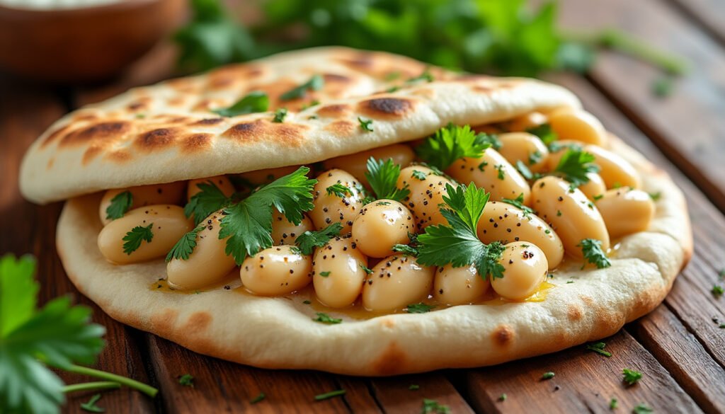 découvrez une délicieuse pita garnie de haricots blancs onctueux et d'une variété d'herbes fraîches. parfait pour un repas léger et savoureux, cette recette allie saveurs méditerranéennes et bienfaits nutritionnels. idéale pour les amateurs de cuisine saine!