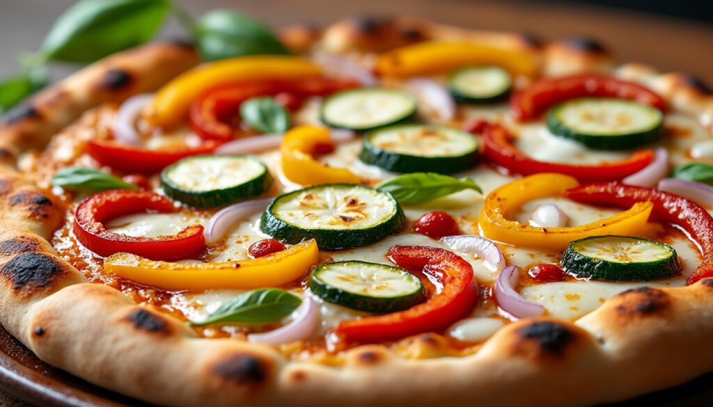 découvrez notre délicieuse pizza maison garnie de légumes grillés savoureux et de mozzarella fondante. un mélange parfait de saveurs fraîches et authentiques, idéale pour les amateurs de bonne cuisine. parfaite pour un repas convivial en famille ou entre amis !