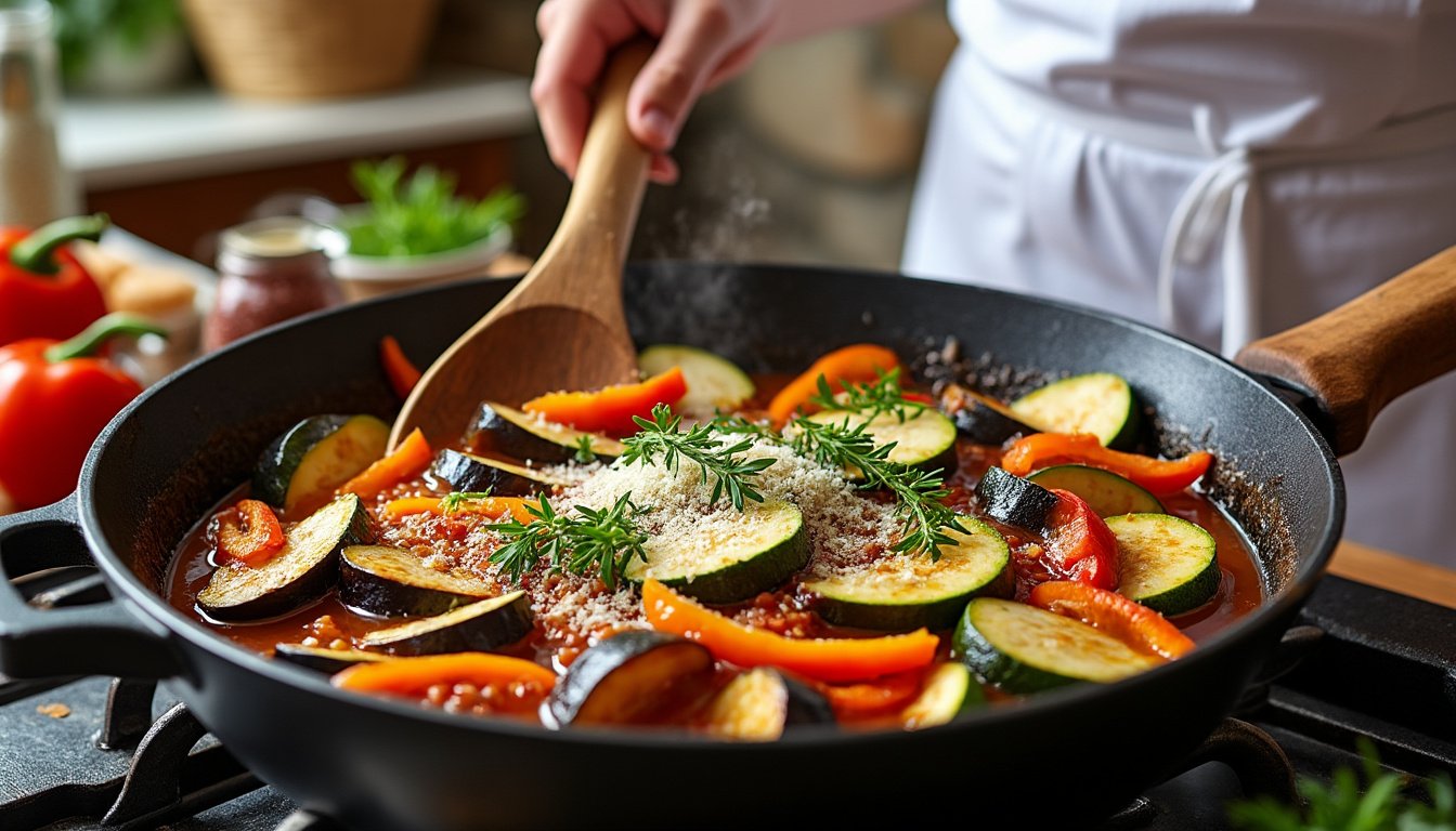 découvrez notre délicieuse ratatouille traditionnelle, savamment préparée avec des herbes de provence pour un goût authentique et parfumé. un plat généreux et coloré qui ravira vos papilles et vous transportera au cœur de la cuisine méditerranéenne.