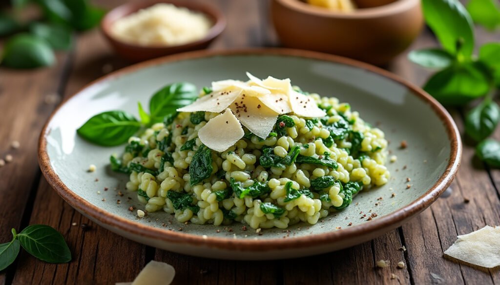 découvrez notre recette délicieuse de risotto aux épinards et parmesan, un plat crémeux et savoureux qui allie la douceur des épinards à la richesse du fromage. parfait pour un dîner réconfortant ou une occasion spéciale, ce risotto saura séduire vos papilles avec ses saveurs authentiques et sa texture irrésistible.