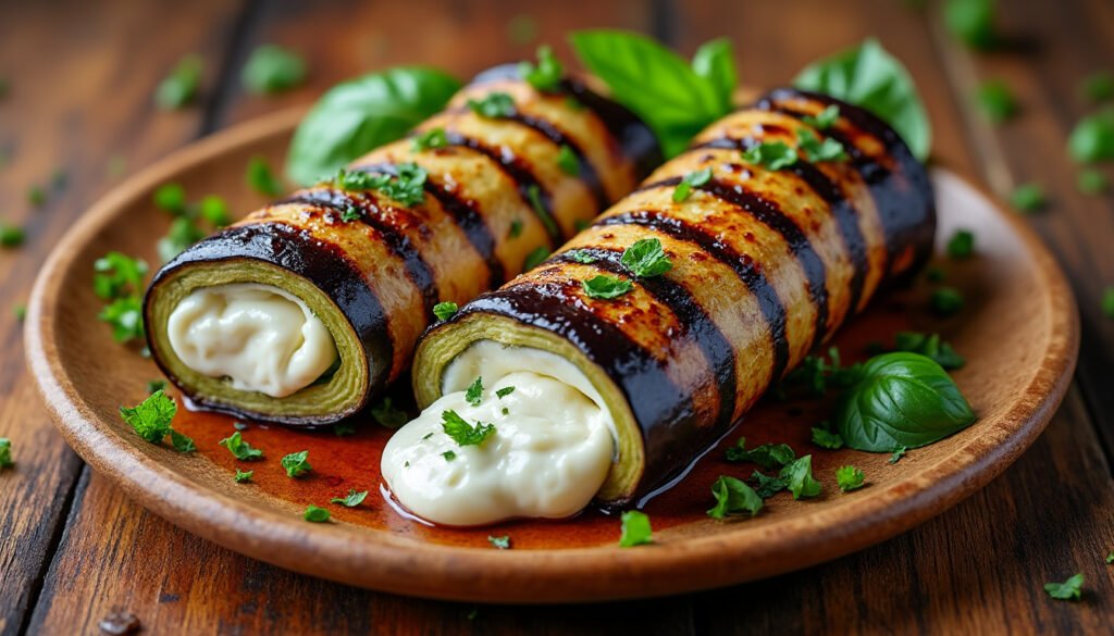 découvrez une délicieuse recette de roulés d'aubergines grillées garnies de fromage frais. parfaite en entrée ou en apéritif, cette préparation savoureuse et saine séduira vos convives avec ses saveurs méditerranéennes.