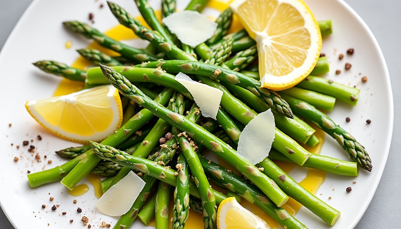 découvrez une délicieuse salade d'asperges fraîches, parsemées de copeaux de parmesan et rehaussées d'un zeste de citron. une combinaison parfaite de saveurs pour une entrée légère et gourmande, idéale pour vos repas ensoleillés.