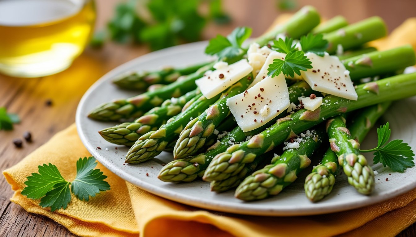 découvrez une délicieuse salade d’asperges croquantes, accompagnées de fines lamelles de parmesan et d'un zeste de citron frais. un plat rafraîchissant et savoureux, idéal pour les beaux jours !