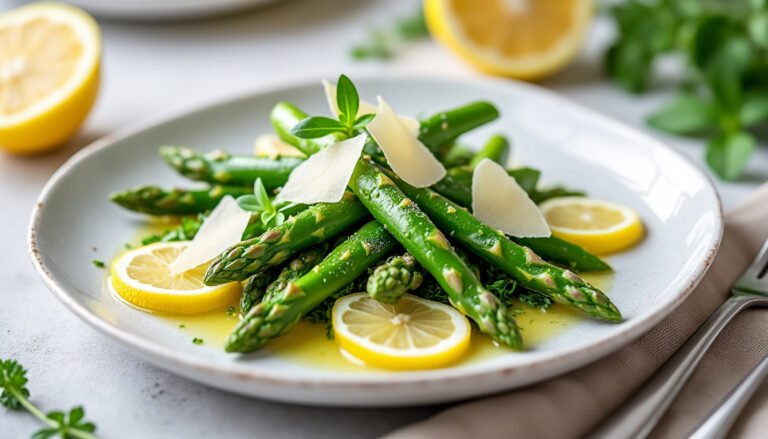 savourez une délicieuse salade d’asperges, agrémentée de parmesan frais et d'un zeste de citron. cette recette fraîche et légère est parfaite pour apporter une touche printanière à vos repas. idéale en entrée ou en accompagnement, elle allie croquant et saveurs subtiles.