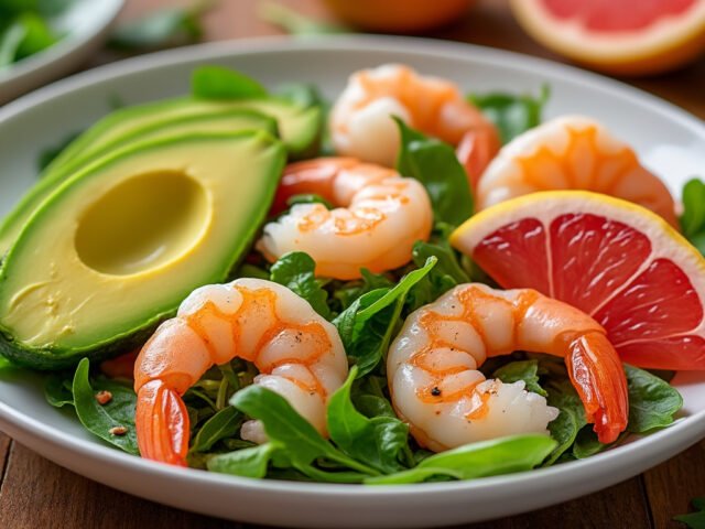 Salade d’avocat, pamplemousse et crevettes végétales