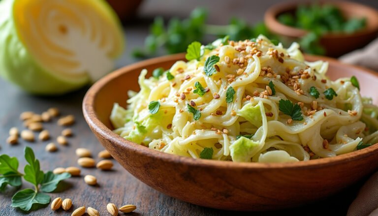 découvrez notre délicieuse salade de chou blanc, agrémentée d'une savoureuse sauce moutarde et de croquantes graines de tournesol. parfaite pour un repas frais et léger, cette recette allie saveurs et nutrition pour égayer vos assiettes.