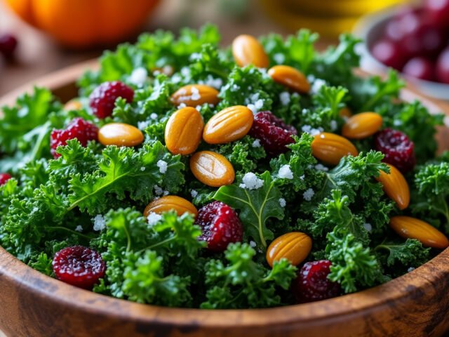 Salade de chou kale, graines de courge et cranberries