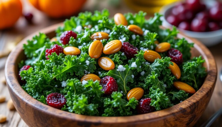 découvrez notre délicieuse salade de chou kale, agrémentée de graines de courge croustillantes et de cranberries sucrées. une recette saine et gourmande, parfaite pour vos repas équilibrés!