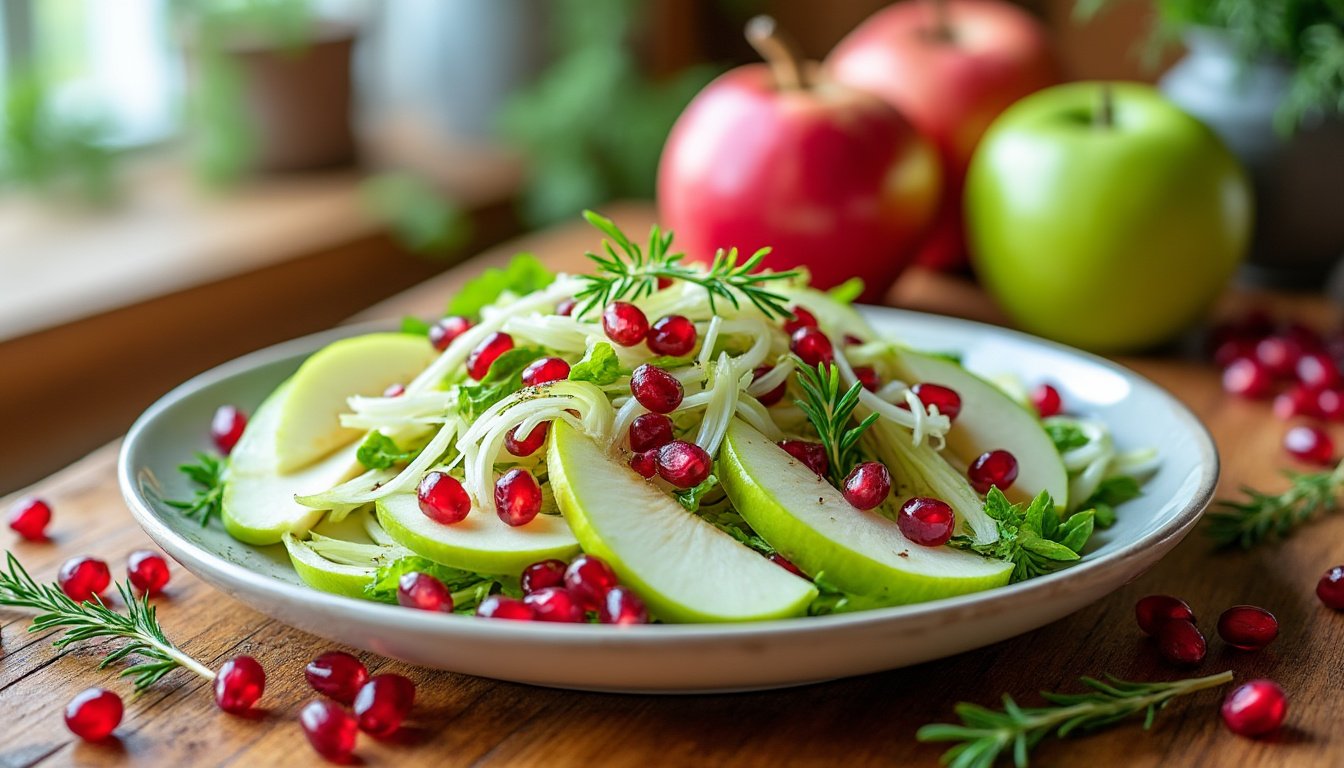 découvrez une délicieuse salade de fenouil, pomme verte et grenade, alliant croquant et fraîcheur. idéale pour une entrée saine et raffinée, cette recette met en valeur des saveurs fruitées et anisées qui réveilleront vos papilles. parfaite pour surprendre vos invités !