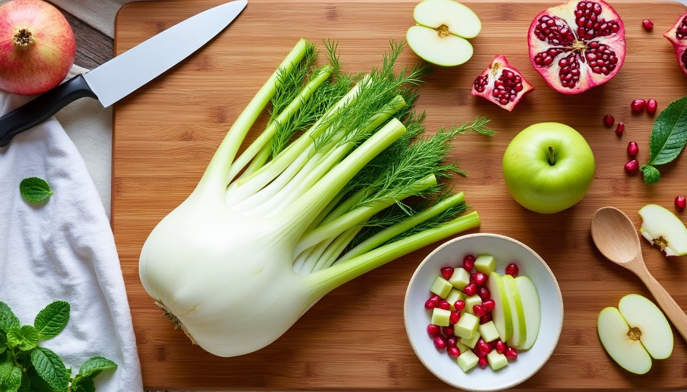 découvrez une délicieuse salade de fenouil croquant, de pomme verte juteuse et de grenade sucrée, parfaite pour apporter fraîcheur et couleur à votre table. idéale en entrée ou en accompagnement, cette recette légère allie saveurs et bienfaits pour une alimentation saine.