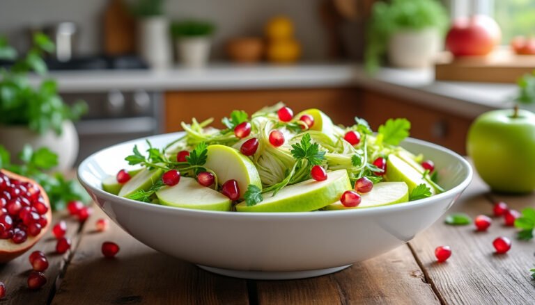 découvrez une délicieuse salade de fenouil croquant, de pomme verte acidulée et de grains de grenade éclatants. un mélange frais et sain, parfait pour égayer vos repas tout en apportant une touche de couleur et de saveur.