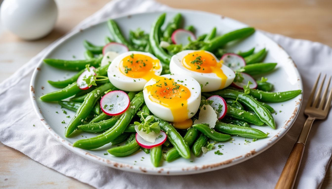 savourez une délicieuse salade de haricots verts croquants, accompagnée d'œufs durs parfaitement cuits et de noix croquantes. un plat frais et équilibré, idéal pour les déjeuners d'été ou en accompagnement pour vos repas.