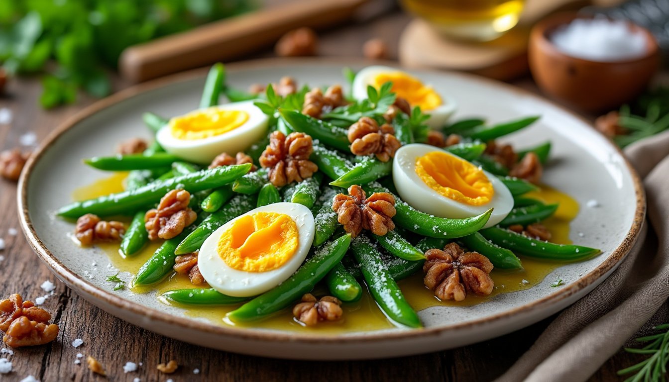 découvrez notre délicieuse recette de salade de haricots verts avec des œufs durs et des noix. une entrée fraîche et nutritive, parfaite pour vos repas d'été ou pour ajouter une touche de verdure à vos plats. idéal pour les amateurs de cuisine saine et savoureuse.