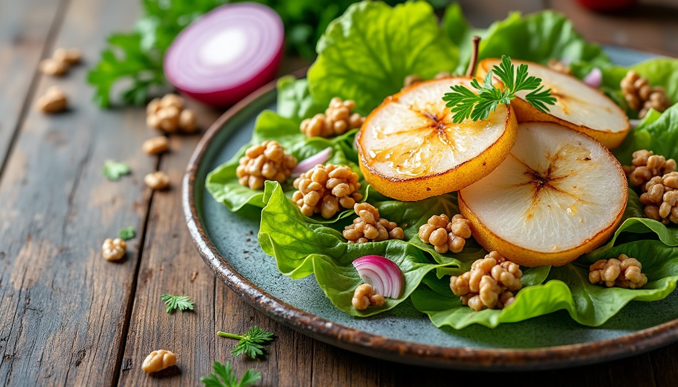 découvrez une délicieuse salade de mâche, alliant la douceur des poires et le croquant des noix caramélisées. parfaite pour une entrée raffinée ou un plat léger, cette recette allie saveurs et textures pour un moment de gourmandise.