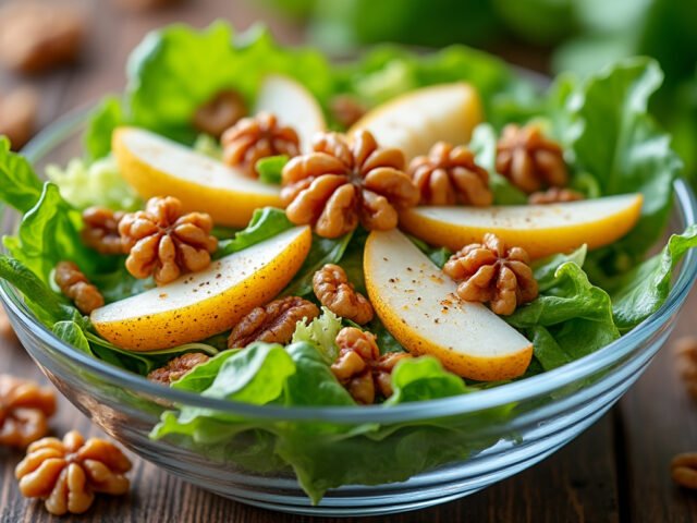 Salade de mâche, poires et noix caramélisées