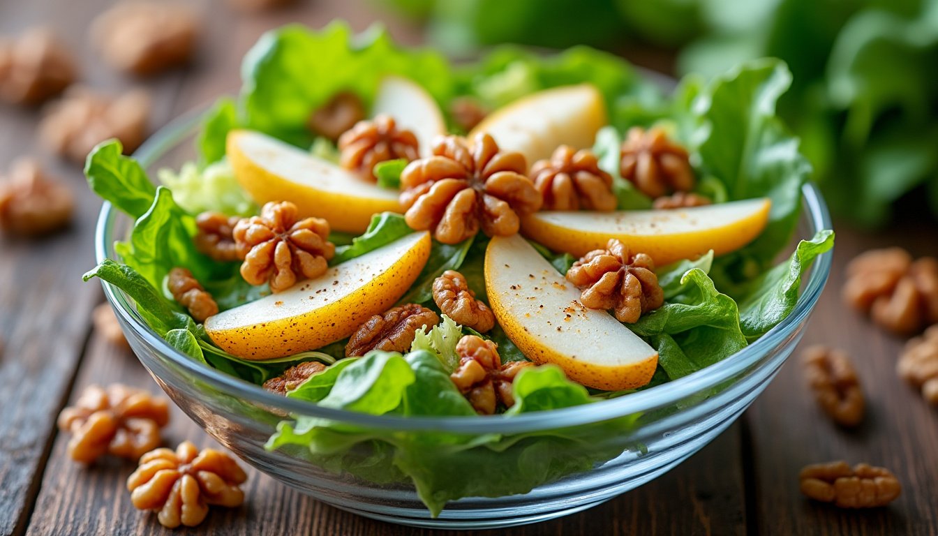 découvrez notre délicieuse salade de mâche, relevée de poires juteuses et de noix caramélisées pour une explosion de saveurs sucrées et salées. parfaite pour une entrée élégante ou un repas léger, cette recette ravira vos papilles avec sa fraîcheur et son originalité.