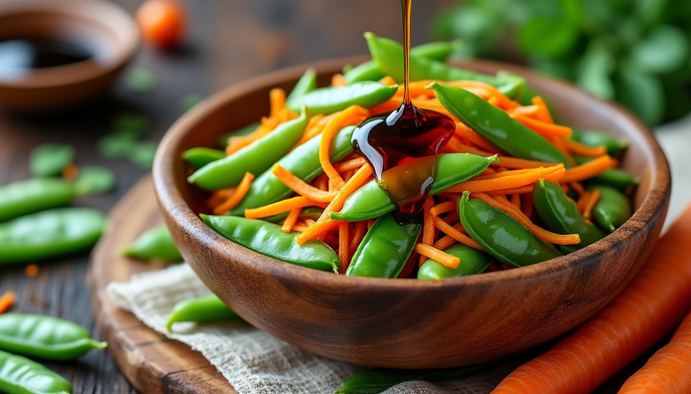 découvrez notre délicieuse salade de pois gourmands et carottes, agrémentée d'une sauce soja savoureuse. parfaite pour une entrée rafraîchissante ou un accompagnement plein de croquant, cette recette marie des ingrédients frais et sains pour une explosion de saveurs.