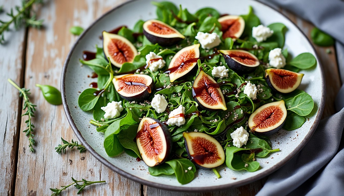 savourez une délicieuse salade de roquette, figues et chèvre frais, alliant des saveurs sucrées et salées pour une expérience culinaire unique. parfaite pour un déjeuner léger ou comme entrée élégante, cette recette fraîche et colorée ravira vos papilles.