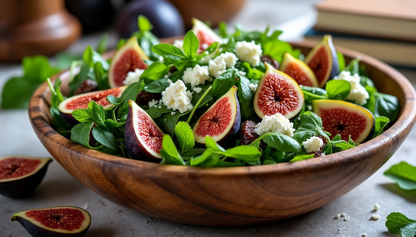 découvrez une délicieuse salade de roquette fraîche, agrémentée de figues juteuses et de chèvre frais crémeux. un mariage parfait de saveurs sucrées et salées pour une entrée légère et savoureuse, idéale pour vos repas estivaux.