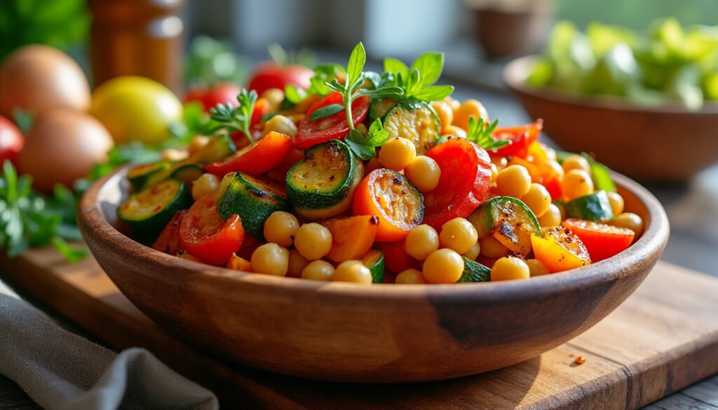 découvrez notre délicieuse salade tiède de pois chiches et légumes grillés, un mélange savoureux et nutritif. parfaite pour un déjeuner léger ou un dîner convivial, cette recette allie croquant et douceur des légumes, tout en apportant les bienfaits des pois chiches. un plat coloré et réconfortant à partager en toute saison!