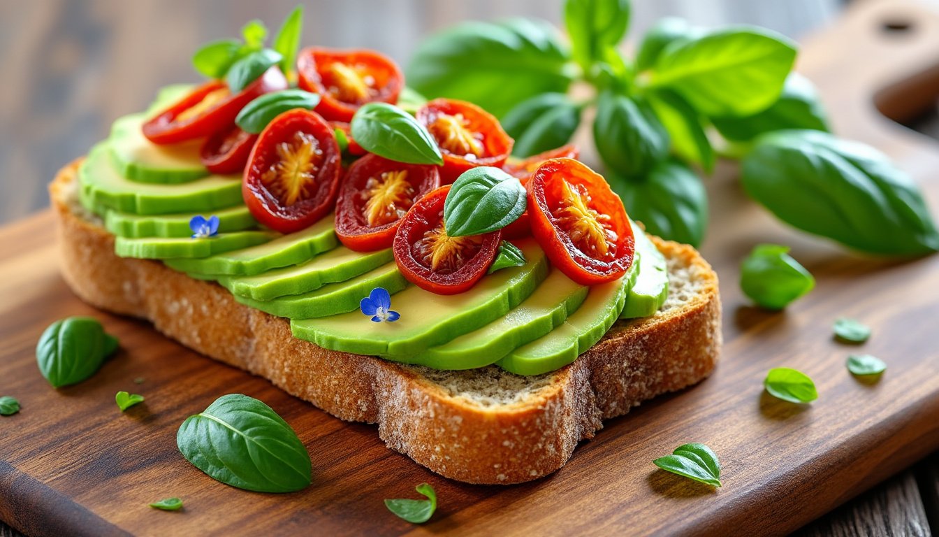 savourez un délicieux sandwich au pain complet garni d'avocat crémeux et de tomates séchées, une combinaison parfaite pour un déjeuner sain et savoureux. idéal pour les amateurs de repas équilibrés et gourmands.