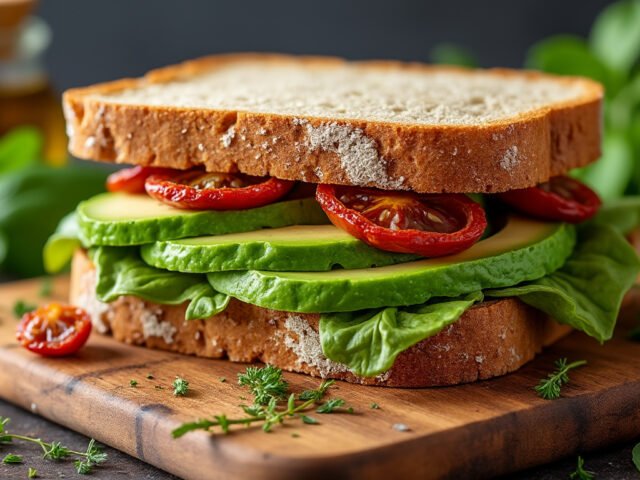 Sandwich au pain complet, avocat et tomates séchées