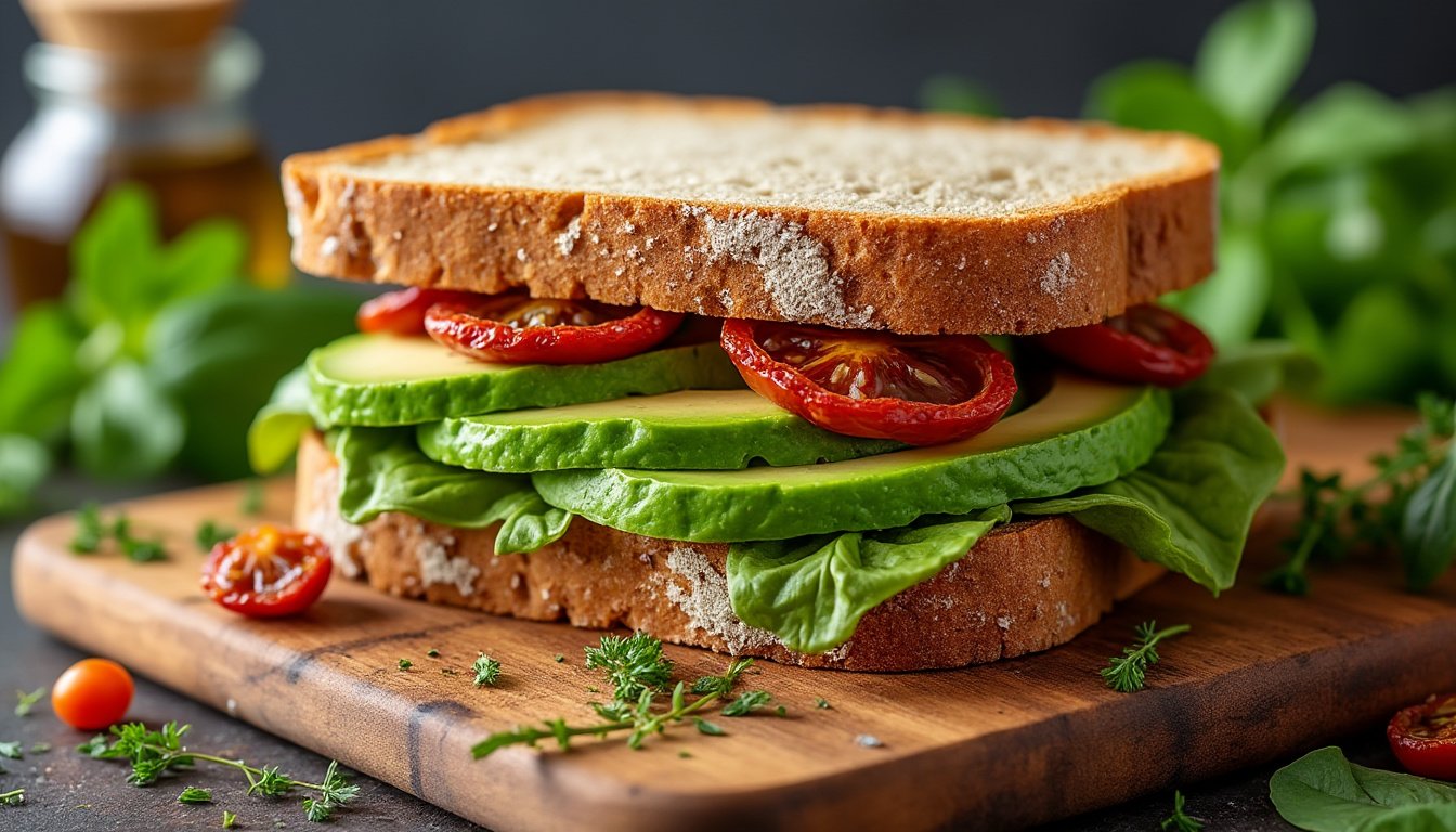 savourez notre délicieux sandwich au pain complet, garni d'avocat crémeux et de tomates séchées pour une touche méditerranéenne. idéal pour un déjeuner sain et nourrissant, ce mélange de saveurs vous ravira à chaque bouchée.