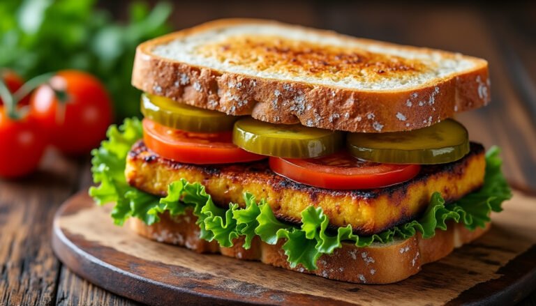 découvrez notre savoureux sandwich au tofu fumé et cornichons, une délicieuse combinaison de textures et de saveurs qui ravira vos papilles. parfait pour un déjeuner léger ou un encas gourmand, ce sandwich est une option végétalienne pleine de goût et de fraîcheur.