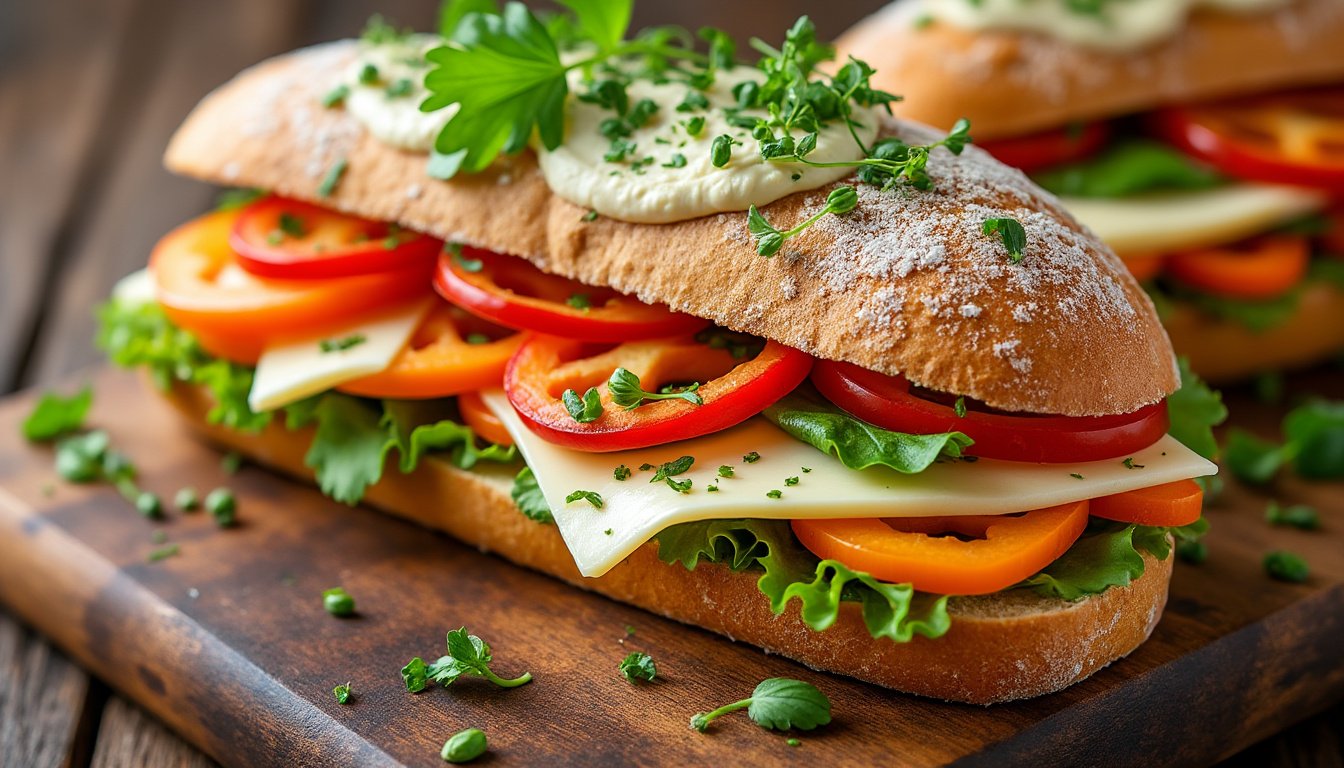 découvrez notre savoureux sandwich aux poivrons rôtis et à la ricotta, une délicieuse alliance de légumes grillés et de fromage crémeux, idéal pour un déjeuner léger et plein de goût.