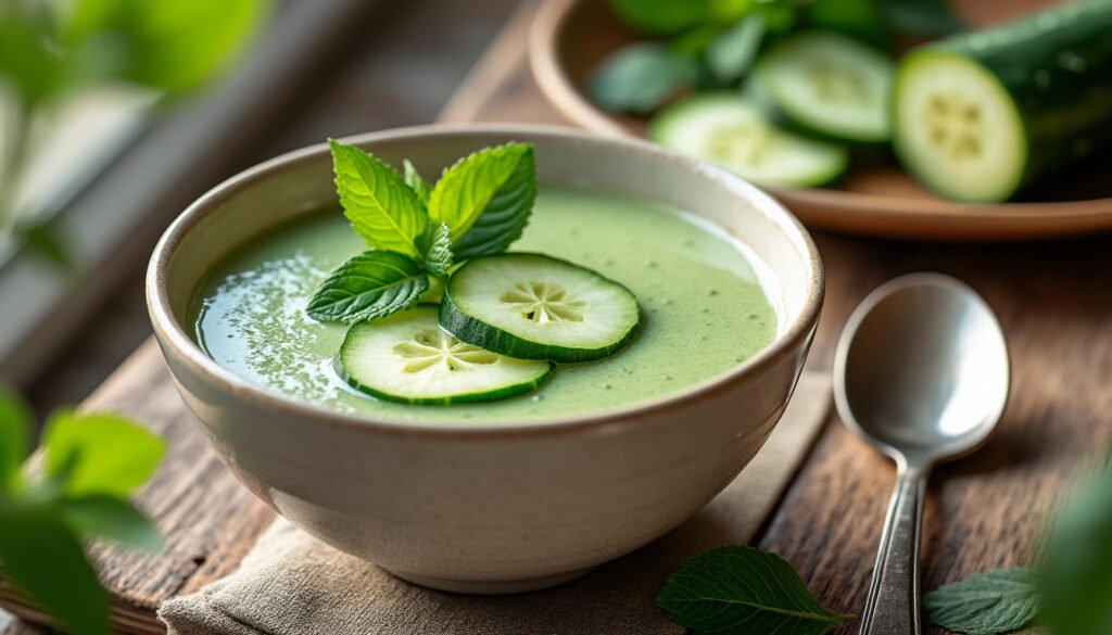 découvrez notre délicieux velouté froid de concombre et menthe, une entrée rafraîchissante parfaite pour l'été. alliant la douceur du concombre à la fraîcheur de la menthe, ce plat léger et savoureux émerveillera vos papilles tout en apportant une touche d'originalité à vos repas. idéal pour impressionner vos invités à l'apéritif ou en entrée.