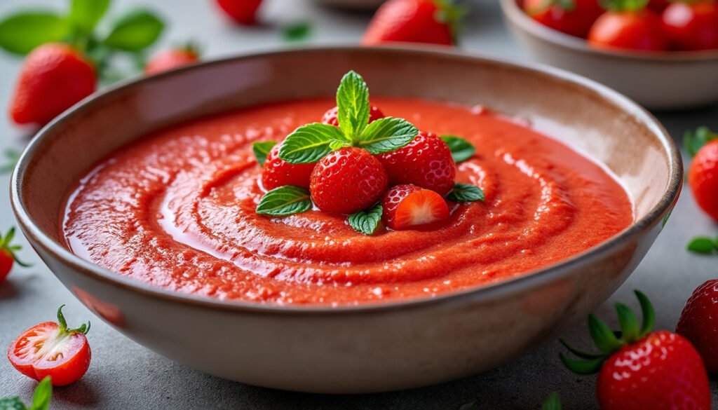 découvrez une recette fraîche et originale avec notre velouté glacé de tomates et fraises. parfait pour les chaudes journées d'été, ce mélange savoureux allie la douceur des fraises à l'acidité des tomates, créant un plat rafraîchissant et élégant. idéal en entrée ou en amuse-bouche, ce velouté surprendra vos papilles et celles de vos invités.