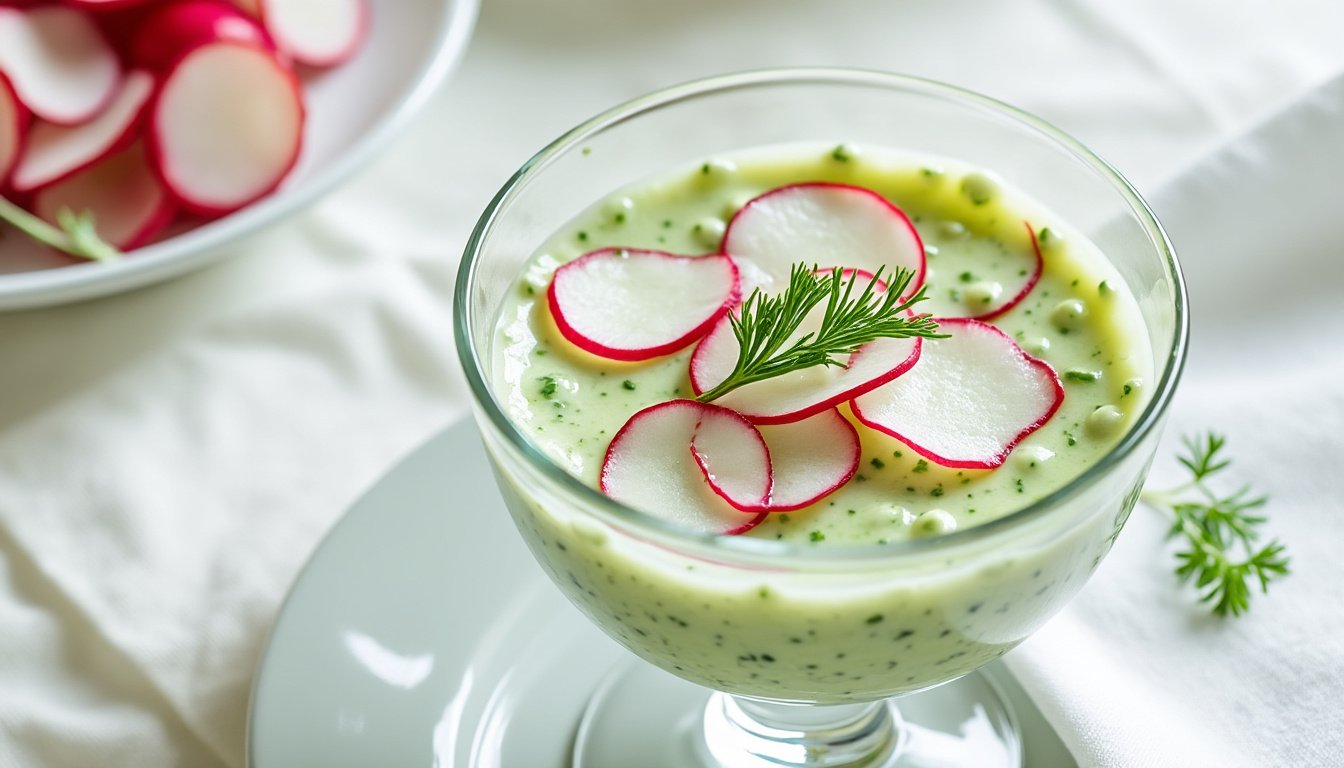 découvrez des verrines fraîches de tzatziki crémeux accompagnées de radis croquants. une entrée légère et savoureuse parfaite pour vos apéritifs ou buffets d'été.