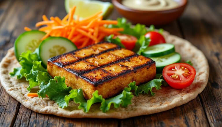 découvrez notre wrap au tofu mariné, garni de délicieuses crudités fraîches. une recette saine et savoureuse qui allie le croquant des légumes à la douceur du tofu, idéale pour un déjeuner rapide et nourrissant.