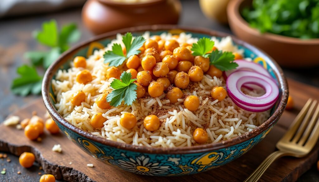 découvrez notre savoureux bowl de riz basmati agrémenté de pois chiches épicés, une recette saine et délicieuse, parfaite pour un repas équilibré. éveillez vos papilles avec des saveurs authentiques et une touche d'épices!