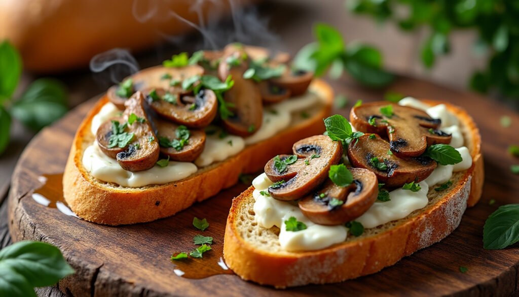 découvrez une délicieuse recette de bruschetta aux champignons et fromage de chèvre, idéale pour vos apéritifs ou dîners. savourez la combinaison parfaite de champignons savoureux et de fromage crémeux sur du pain croustillant.