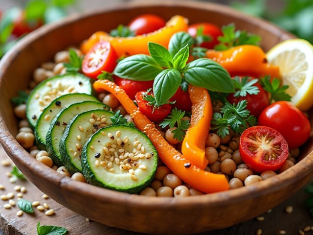 Buddha bowl aux pois cassés et légumes grillés