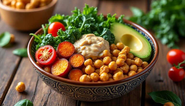 découvrez notre savoureux buddha bowl aux pois chiches et patate douce, un mélange coloré et nutritif qui ravira vos papilles. parfait pour un repas équilibré et végétarien, il allie le croquant des légumes frais à la douceur des patates douces, le tout rehaussé d'une vinaigrette légère.
