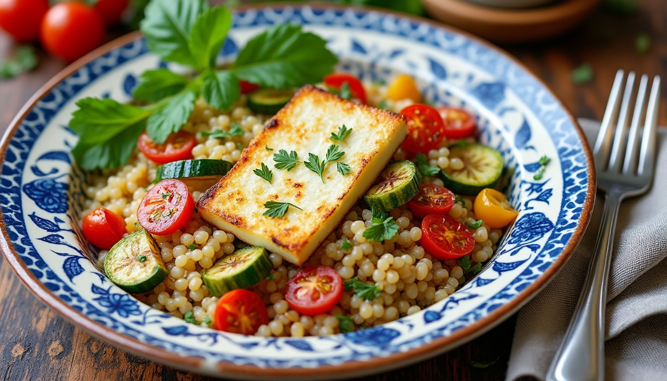 découvrez notre délicieux couscous perlé aux légumes croquants et halloumi grillé, un plat savoureux qui allie textures et saveurs méditerranéennes. parfait pour une repas équilibré et plein de couleur!