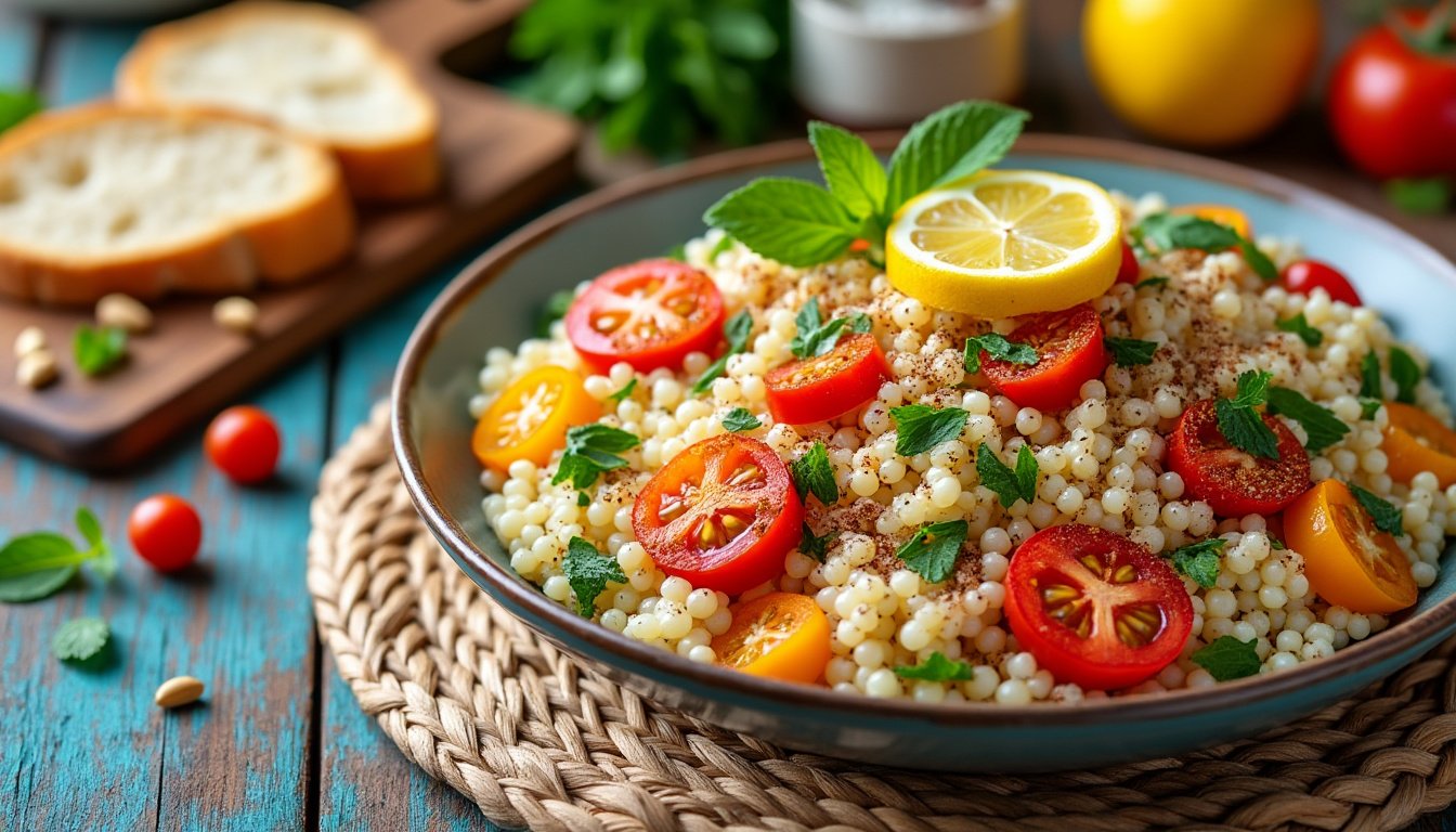 découvrez notre savoureux couscous perlé, accompagné de légumes croquants et de halloumi grillé. un plat méditerranéen riche en saveurs, parfait pour une expérience culinaire saine et gourmande.